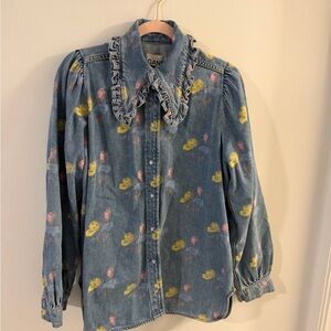 Ganni Denim Button-Down Shirt with Yellow & Pink Floral Motif